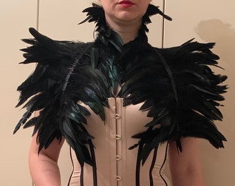Black Feather Jacket Victorian Collar Shrug Cape Capelet Steampunk Harness Large HALLOWEEN