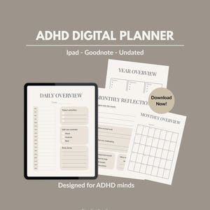 Op de afbeelding: Een digitale ADHD-planner voor iPad en Goodnotes met een ongedateerd dagoverzicht, jaaroverzicht, maandreflectie en maandoverzicht. De lay-out bevat secties voor prioriteiten, zelfzorgherinneringen en notitieruimte in neutrale tinten.