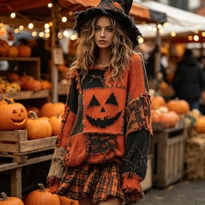 May include: A long-sleeved knit sweater featuring a large black jack-o'-lantern face graphic on an orange background, accented with distressed black patchwork panels, paired with a plaid skirt and a frayed black witch hat.
