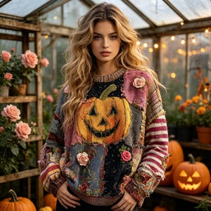 May include: A long-sleeved knit sweater featuring a large central jack-o'-lantern graphic, patchwork-style fabric panels in muted tones, and three-dimensional fabric rose embellishments on the front, finished with a ribbed crew neckline.