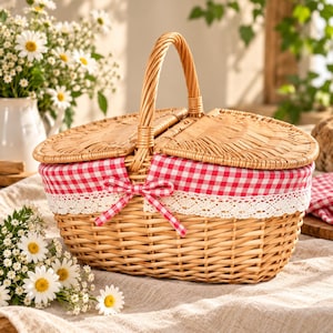 May include: A woven wicker picnic basket with a light brown finish, featuring two hinged lids and a central handle. The interior is lined with a red and white gingham fabric, accented by a white lace trim and a small fabric bow at the front.