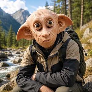 Peut inclure: Un masque en latex couvrant toute la tête représentant une créature aux grands yeux bruns expressifs, aux oreilles pointues proéminentes et à la peau tannée ridée. Le masque est porté avec une veste à capuche beige et noire et un sac à dos vert.