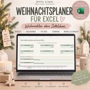 May include: A laptop screen displaying a digital Christmas planner spreadsheet for Excel. The interface includes sections for budget, gifts, to-dos, appointments, and menus. Text on screen includes Zettel & Zahl, Weihnachtsplanner, and dashboard data.