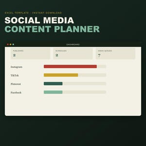 May include: A digital social media content planner dashboard template for Excel. The interface displays metrics for Instagram, TikTok, Pinterest, and Facebook with colored progress bars, alongside summary boxes for published, scheduled, and queued content.