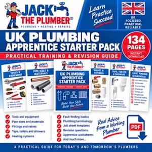 以下が含まれることがあります： UK Plumbing Apprentice Starter Packというタイトルのデジタルガイドで、134ページの実践的なトレーニングと復習資料が含まれています。表紙にはJack the Plumberのロゴ、様々な配管工具、パイプの種類、バルブのイラストが描かれています。