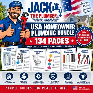 Op de afbeelding: Een digitaal productpakket getiteld Jack The Plumber USA Homeowner Plumbing Bundle met 134 pagina's aan printbare gidsen, checklists en sjablonen. Het bevat een cartoonloodgieter, een huis, een Amerikaanse vlag en diverse iconen.