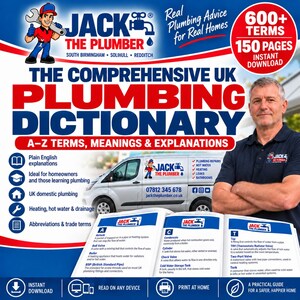 Könnte beinhalten: Ein digitaler Ratgeber mit dem Titel The Comprehensive UK Plumbing Dictionary, der ein Klempner-Logo, einen silbernen Lieferwagen und einen Mann mit verschränkten Armen zeigt. Das Cover enthält Informationen zu 600 Begriffen und 150 Seiten.