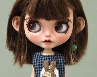 Custom Blythe Doll with Brown Bob Hair and Gingham Bunny Dress