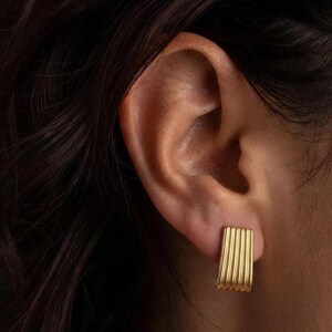 Puede incluir: Un pendiente de tono dorado que presenta una textura vertical acanalada o estriada. El pendiente tiene una forma rectangular con una base ligeramente más ancha, creando una apariencia estructurada. Se sujeta al lóbulo de la oreja.