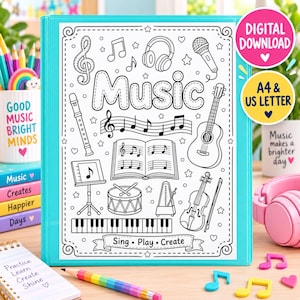 May include: A coloring page featuring the word Music in large bubble letters, surrounded by illustrations of a treble clef, headphones, microphone, recorder, guitar, sheet music, drum, metronome, violin, and piano keys with the text Sing Play Create.