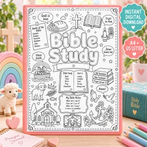 May include: A Bible study coloring page featuring the text Bible Study, a church, a lamb, an anchor, a cross, and various religious motifs. The page includes sections for notes, books of the Bible, and inspirational phrases like God is love.