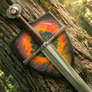 May include: A metal sword with a dark wood handle and a pommel featuring a copper-colored circular inlay, resting over a shield painted with a vibrant orange and yellow sunset scene depicting a forest landscape with a shooting star.