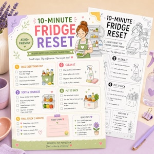Pode incluir: Uma lista de verificação colorida de 10 minutos para a redefinição do frigorífico com uma pessoa ilustrada, passos numerados para limpeza e organização, e dicas. O documento inclui texto como ADHD-Friendly, Take Everything Out, Clean It, Sort & Organize, Put It Back e Final Check, com uma versão a preto e branco correspondente ao lado.