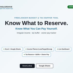 Safe to Pay Freelancer Budget Tracker, oregelbunden inkomstskatt och buffertplanerare, Excel och Google Sheets