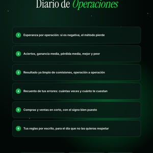 Puede incluir: Un diario de operaciones digital en color verde oscuro titulado Diario de Operaciones con seis puntos numerados que detallan m&eacute;tricas de rendimiento, comisiones, errores, tipos de transacciones y reglas, compatible con Excel y Google Sheets.