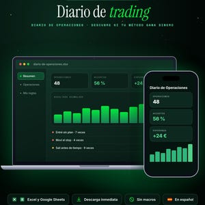 Puede incluir: Una plantilla de diario de trading digital para Excel y Google Sheets mostrada en una pantalla de port&aacute;til y smartphone. La interfaz presenta fondos verde oscuro con gr&aacute;ficos de barras verde brillante y texto en espa&ntilde;ol.