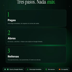 Puede incluir: Una infograf&iacute;a digital de color verde oscuro titulada Sextante con el texto Tres pasos. Nada m&aacute;s. Describe tres pasos: 1 Pagas, 2 Abres y 3 Rellenas, con instrucciones breves para cada uno. Incluye iconos de Excel, Google Sheets y descarga.