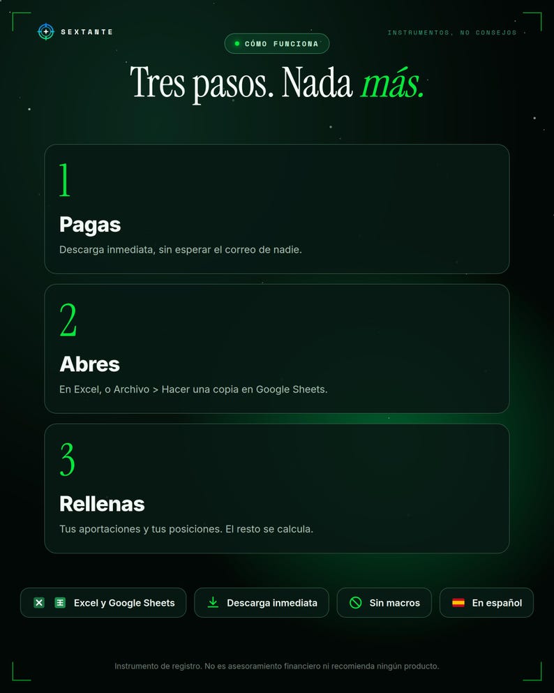 Puede incluir: Una infograf&iacute;a digital de color verde oscuro titulada Sextante con el texto Tres pasos. Nada m&aacute;s. Describe tres pasos: 1 Pagas, 2 Abres y 3 Rellenas, con instrucciones breves para cada uno. Incluye iconos de Excel, Google Sheets y descarga.