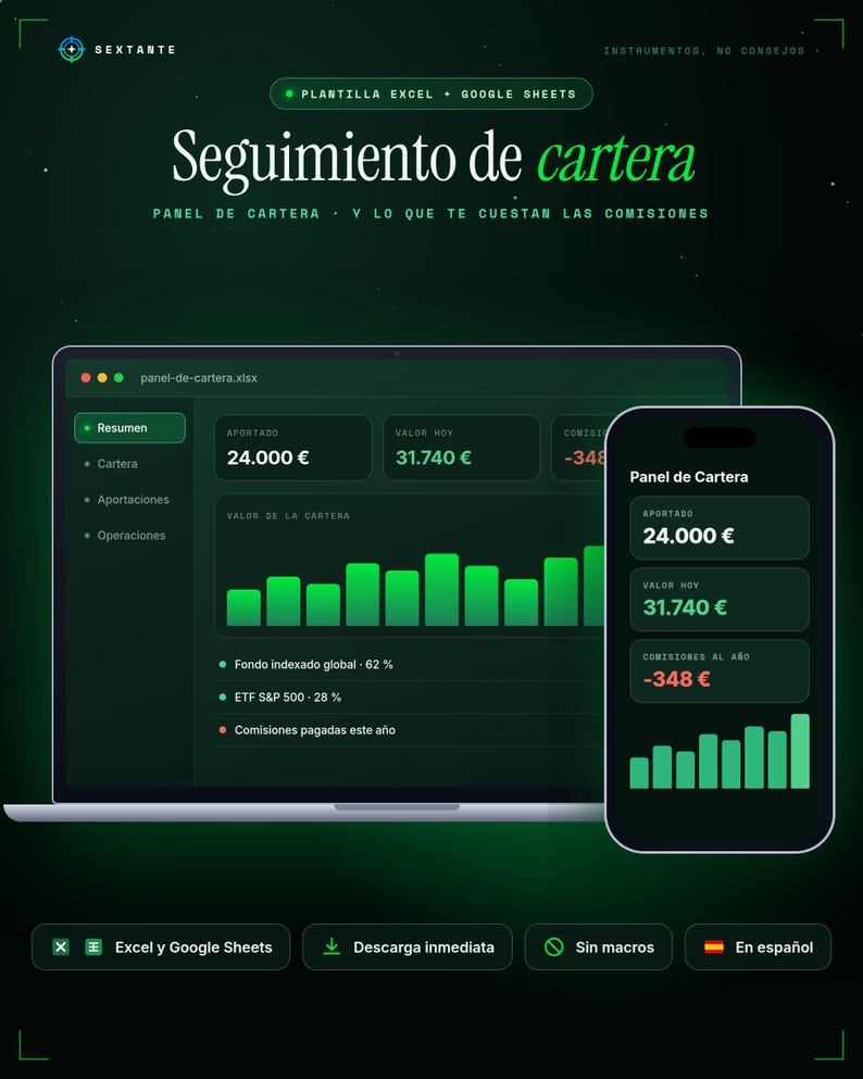 Puede incluir: Una plantilla digital de seguimiento de cartera para Excel y Google Sheets mostrada en una pantalla de port&aacute;til y smartphone. La interfaz presenta temas verde oscuro con datos financieros, incluyendo aportaciones, valor actual y comisiones.