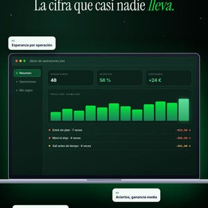 Puede incluir: Un panel de control digital en la pantalla de un port&aacute;til con un tema verde oscuro. Muestra estad&iacute;sticas de trading con 48 operaciones, una tasa de aciertos del 56% y una esperanza de +24 &euro;. Un gr&aacute;fico de barras visualiza los resultados acumulados.