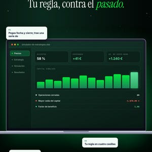 Op de afbeelding: Een donkergroene digitale interface op een laptopscherm met financi&euml;le gegevens, een staafdiagram, een succespercentage van 58% en de tekst Tu regla, contra el pasado, Dentro del archivo, Pegas fecha y cierre, Operaci&oacute;n a operaci&oacute;n.