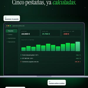 Puede incluir: Una interfaz de panel digital en una pantalla de port&aacute;til que muestra datos financieros con el texto "Cinco pesta&ntilde;as, ya calculadas." y "panel-de-cartera.xlsx". Incluye un gr&aacute;fico de barras, valores de inversi&oacute;n en euros y etiquetas como "Resumen".