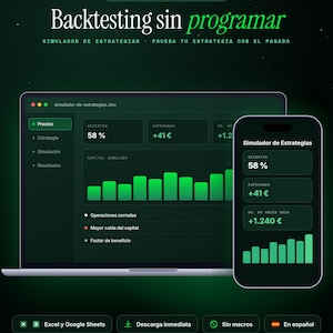 Op de afbeelding: Een digitale strategie-simulator interface weergegeven op een laptop- en smartphonescherm. Het donkergroene dashboard bevat grafieken, prestatiecijfers zoals 58% nauwkeurigheid en tekst waaronder Backtesting sin programar en Simulador de Estrategias.