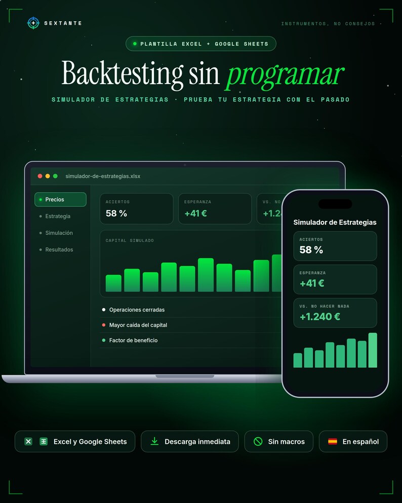 Op de afbeelding: Een digitale strategie-simulator interface weergegeven op een laptop- en smartphonescherm. Het donkergroene dashboard bevat grafieken, prestatiecijfers zoals 58% nauwkeurigheid en tekst waaronder Backtesting sin programar en Simulador de Estrategias.