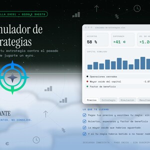 May include: A digital strategy simulator interface for Excel and Google Sheets featuring a blue and green target icon, a bar chart showing simulated capital, and text including "Simulador de Estrategias" and "Sextante" on a dark background.