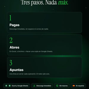 Puede incluir: Una infograf&iacute;a digital de color verde oscuro titulada Tres pasos. Nada m&aacute;s. que detalla un proceso de tres pasos: 1. Pagas, 2. Abres y 3. Apuntas. Incluye iconos de Excel y Google Sheets, descarga inmediata, sin macros y en idioma espa&ntilde;ol.