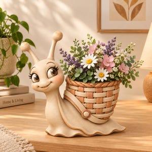 May include: A beige ceramic snail figurine featuring a woven basket on its back filled with artificial white daisies, pink blossoms, and purple lavender sprigs. The snail has large brown eyes, long antennae, and a smooth, matte finish.