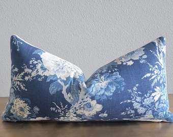 Indigo/Navy Jacobean Floral lumbar Pillow Cover ------ oversized lumbar available