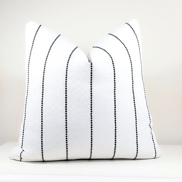 White Pillow, Black stripe pillow cover with white textured background, select your size during checkout- “Modern farmhouse pillow"