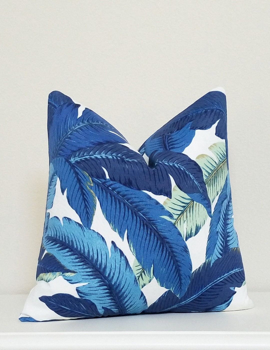 Indoor Outdoor Pillow Blue Tropical Print Palm Leaf Pillow Etsy