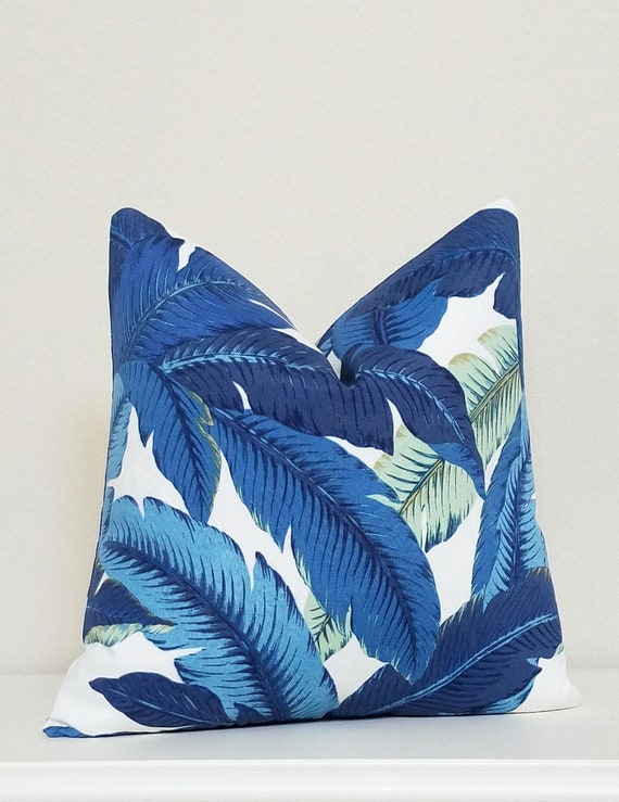 Indoor outdoor pillow Blue Tropical Tropical Leaves Blue Outdoor Pillow