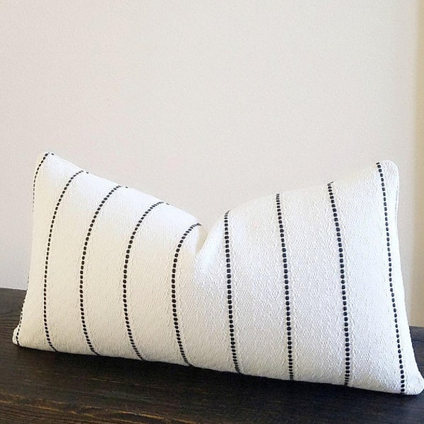 Black stripe pillow cover with white textured background, Long pillow for bed, Lumbar pillow - select your size during checkout-