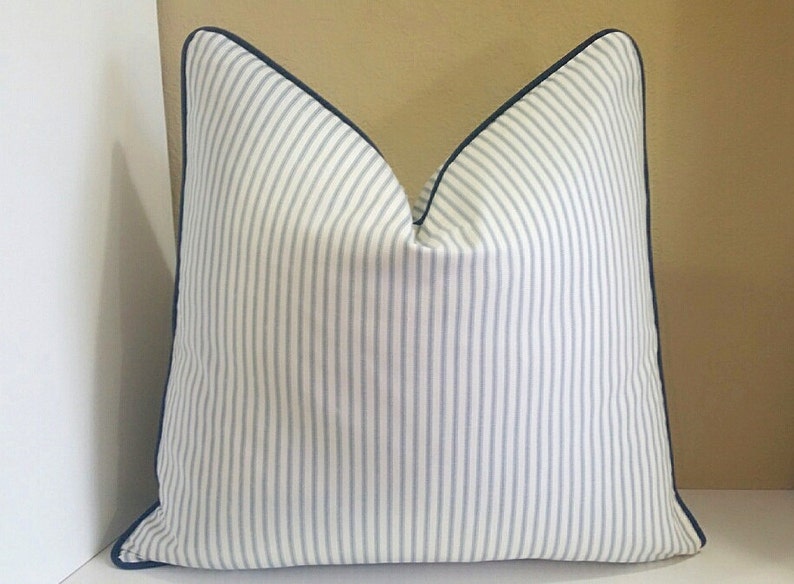 Light Blue Ticking Stripe Pillow Cover With Navy Trim Detail Etsy
