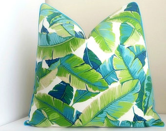 Outdoor pillow cover, Tropical palm print with Aqua trim detail - All sizes available - fabric both sides - Select your size at checkout