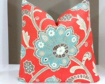 Decorative Throw Pillow Cover Red Floral  16x16 18x18 20x20 22x22 24x24 Jacobean Pillow Cover