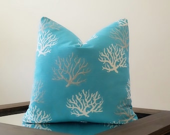 Coral Pillow Cover- Coastal decor- aqua and white coral - Select your size during checkout -