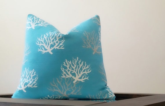 Coral Pillow Cover- Coastal Decor- Aqua and White Coral Select