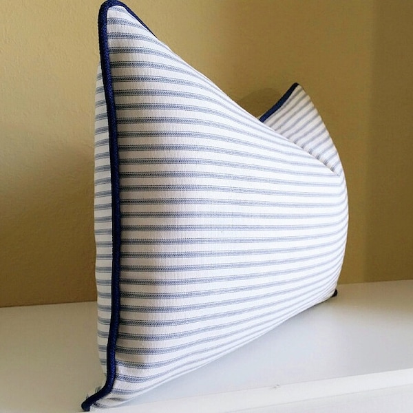 Light Blue Ticking Stripe Lumbar Pillow, Light  Blue with Navy Welting Pillow Cover - Available with trim detail or knife edge
