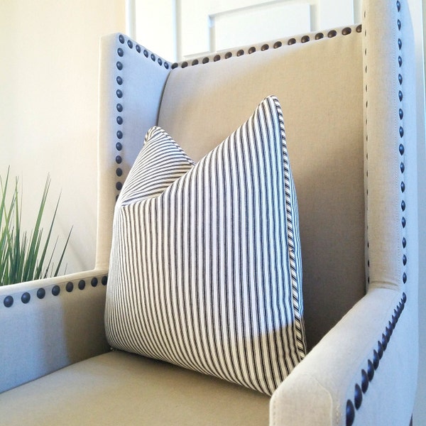 Farmhouse pillow, beach house Decorative Black Ticking Stripe Throw Pillow Cover - Reversible pillow cover with same fabric on both sides,