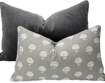 Decorative Charcoal velvet and floral pillow set - fabric both sides