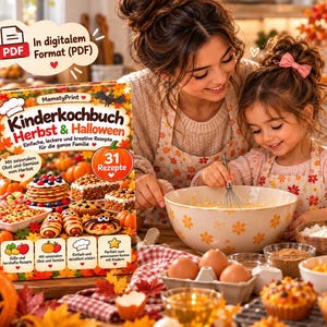 May include: A hardback cookbook titled Kinderkochbuch Herbst & Halloween featuring a colourful autumn-themed cover with images of baked goods, pumpkins, and leaves. The book includes 31 recipes, seasonal produce, and instructions for cooking with children.