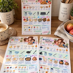 May include: Three printed recipe cards titled Apple Yogurt Mini Muffins, Mini Banana Pancakes, and Blueberry Yogurt Waffles. Each card features illustrated ingredients, tools, step-by-step instructions, and nutritional benefits for children.
