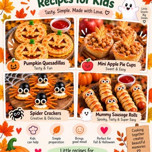 Könnte beinhalten: Eine digitale Rezeptkarte mit dem Titel Our Favorite Fall & Halloween Recipes for Kids von MamatyPrint. Sie zeigt vier Essensfotos: kürbisförmige Quesadillas, Mini-Apfelkuchen, spinnenförmige Cracker und in Teig gewickelte Würstchen-Mumien.