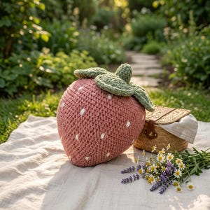 May include: A strawberry-shaped crochet pillow in a dusty pink hue with white yarn accents representing seeds. The pillow features a textured green crochet stem and leaves on top, crafted with a visible yarn stitch pattern throughout the design.