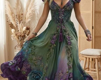 Könnte beinhalten: Ein bodenlanges Kleid mit einem Farbverlauf in Grün- und Violetttönen, einem tiefen V-Ausschnitt und kurzen Ärmeln. Das Oberteil ist geschnürt und der Rock ist mit großen, dreidimensionalen Stoffrosen-Applikationen verziert.