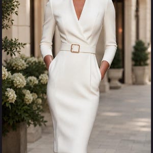 Puede incluir: Un vestido blanco hasta la rodilla con mangas largas, escote en V y cuello estructurado. El vestido cuenta con un cinturón blanco a juego con una hebilla cuadrada de tono dorado en la cintura e incluye bolsillos laterales ajustados.